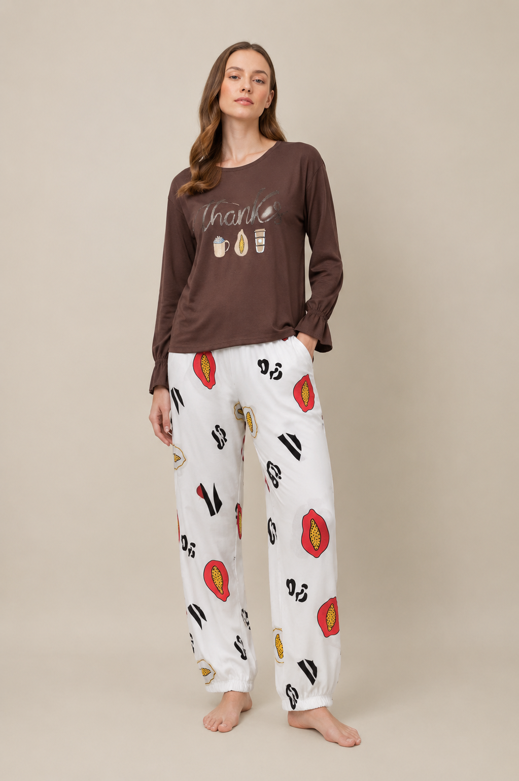 Women's Brown Long Sleeve Night Suit – Soft Top & Printed Lounge Pants